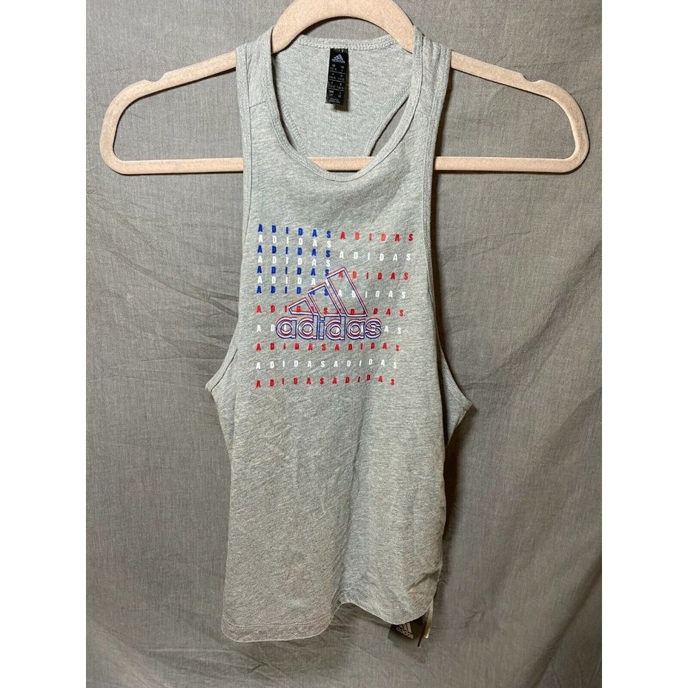 Adidas Shirt Women Small Grey Spell Out American Flag‎ Tank Top Ladies.